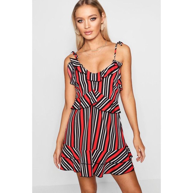 Robe courte droite col v, fines bretelles rayures noir ...
