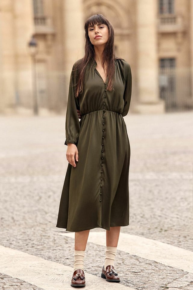 Robe Midi Tunique Femme Manches Longues - Col Rond Avec 3 Boutons Poches - Coupe élastique Trapèze - Tailles S à XXL