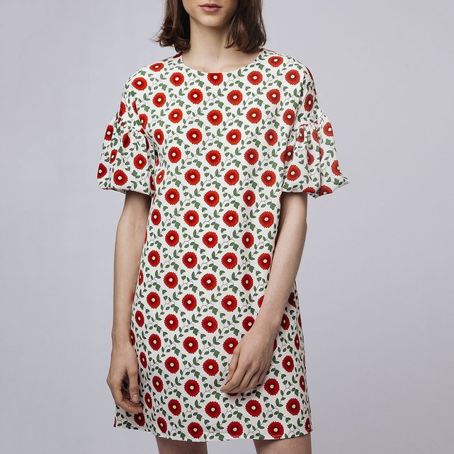 Robe courte, imprimé floral, manches ballons ecru/rouge ...