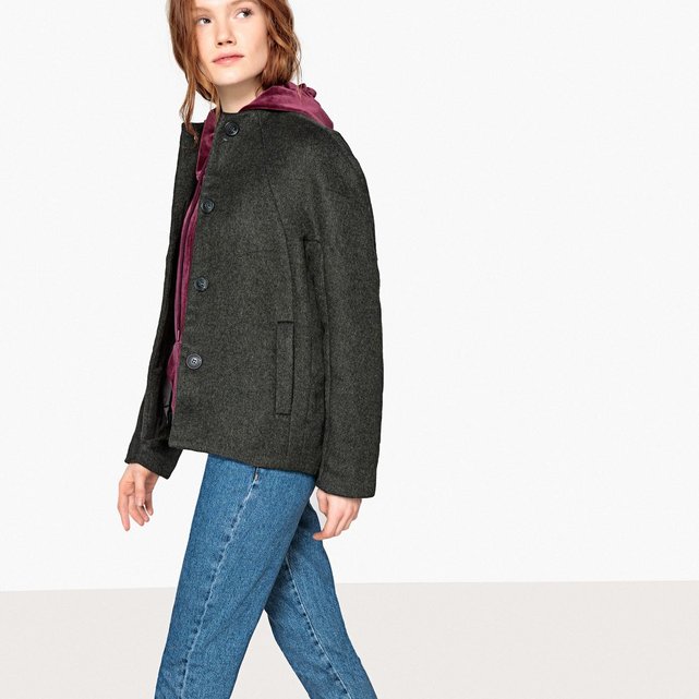 Manteau court pressionné kaki chiné La Redoute Collections Manteau sans col | La Redoute