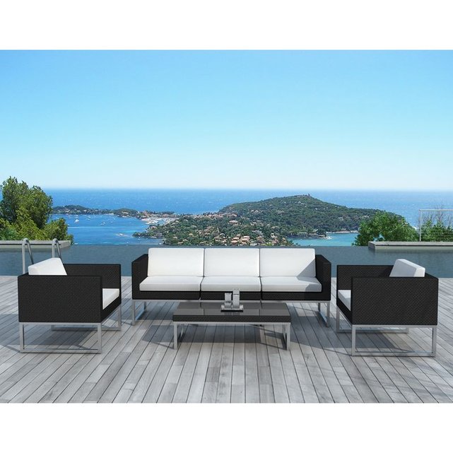 salon de jardin design 6 éléments en résine noire coussins écrus