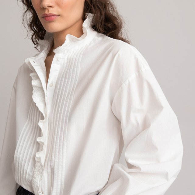 Structured Poplin Puff Sleeve Shirt in White