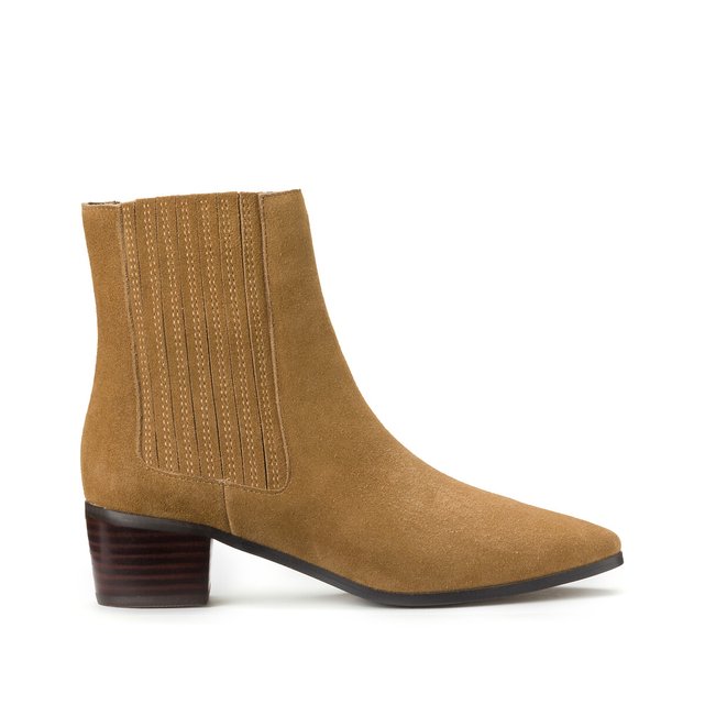 Botines de piel con tacón ancho camel La Redoute Collections | La Redoute