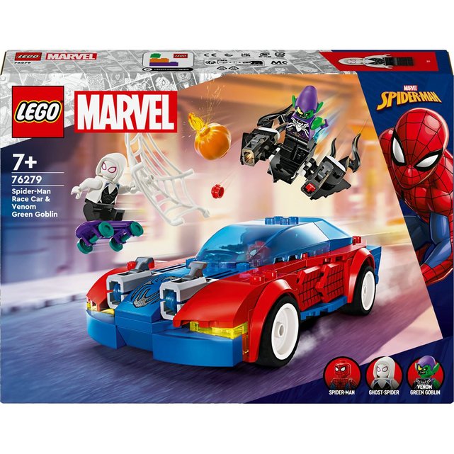 La voiture de course de spider-man contre le bouffon vert venomisé Lego