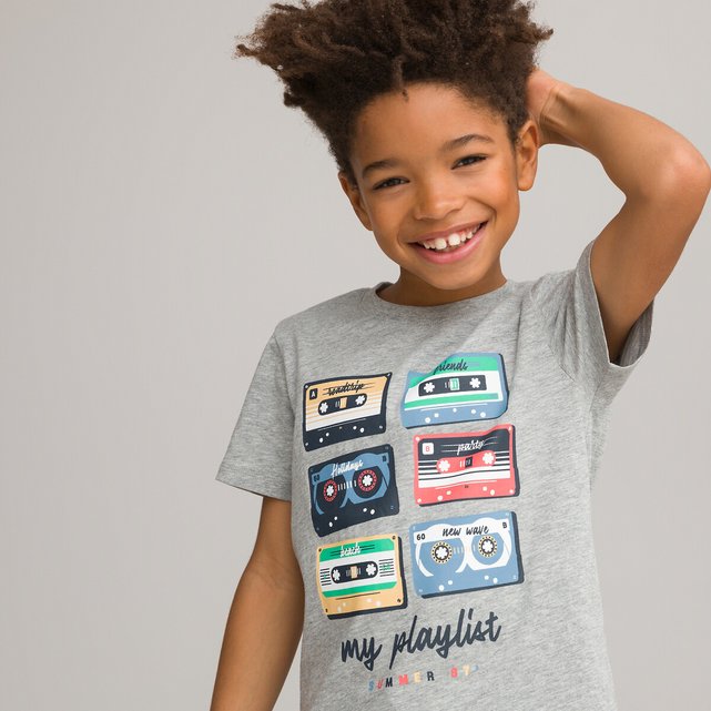 Cassette print cotton t shirt with crew neck grey marl La Redoute