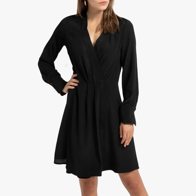 Vestido Corto De Efecto Cruzado Y Manga Larga Negro La Redoute
