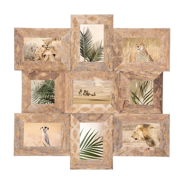 Cadre pêle-mêle à suspendre avec 16 photos en bois - Beige - L 58 x H 58 cm