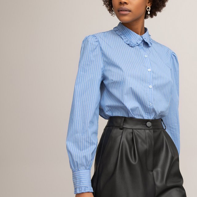 Chemise Col Claudine Manches Longues Rayee Bleu Raye Blanc La Redoute Collections La Redoute