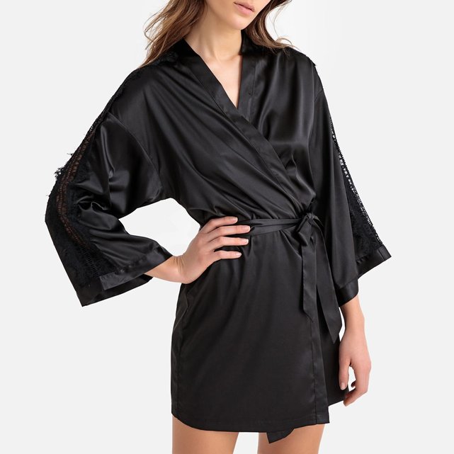 Kimono court en satin manches 3/4 noir La Redoute ...