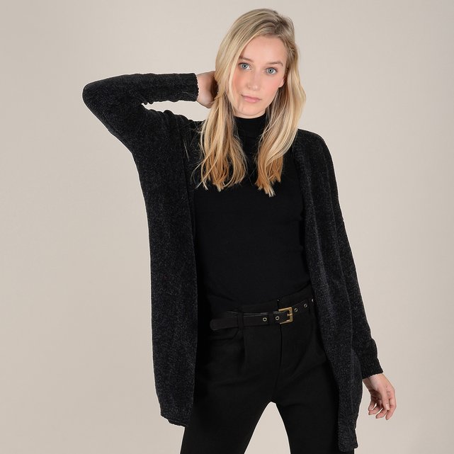 Long open cardigan in chunky chenille knit , black, Molly Bracken | La ...