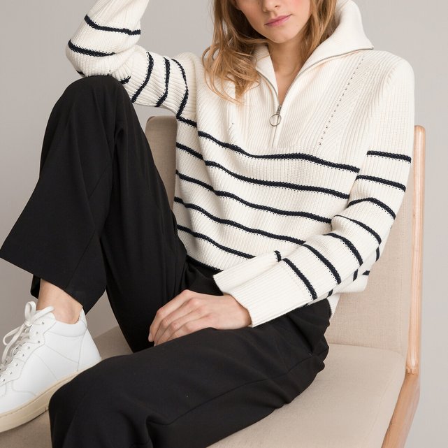 Half zip jumper in cotton mix, ivory / navy stripe, La Redoute