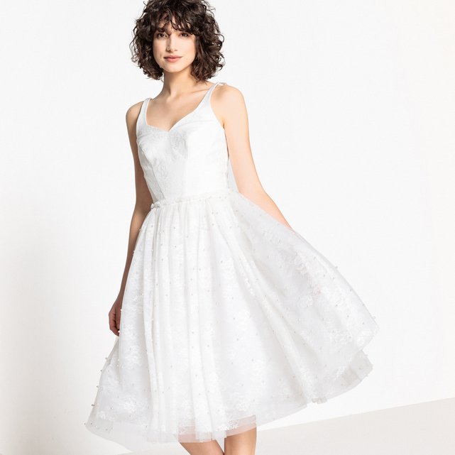 vestido de novia evasé, encaje y perlas marfil la redoute
