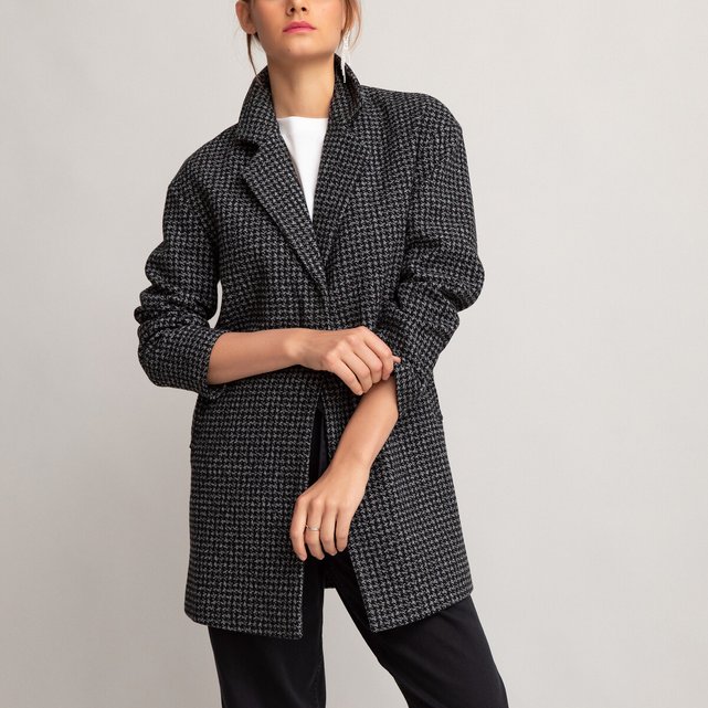 Manteau mi long, carreaux pied de coq noirblanc La Redoute Manteau mi long droit | La Redoute