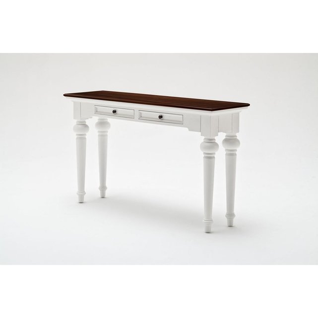 console en bois blanc avec plateau acajou 2 tiroirs 140x80cm royan