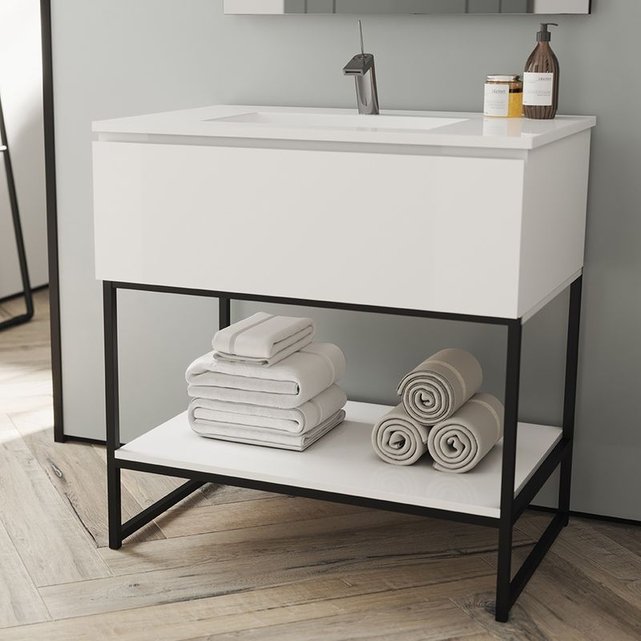 Meuble Salle De Bain Blanc 80 Cm 1 Tiroir Vasque Ceramique