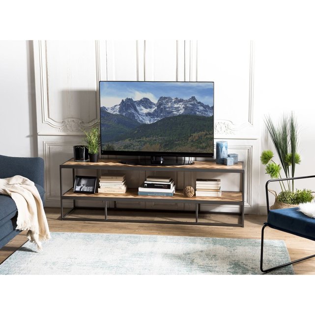Meuble Tv 160cm Teck Motifs Damier Et Metal 2 Plateaux Style