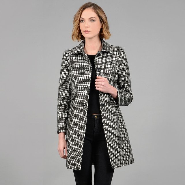 Manteau mi-long motif jacquard noir/blanc Molly Bracken ...