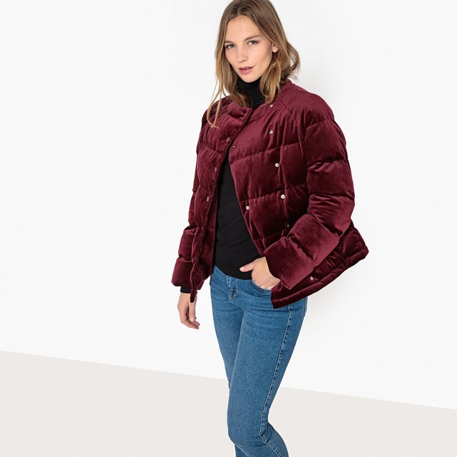 Velvet padded jacket with high neck , burgundy, La Redoute Collections ...