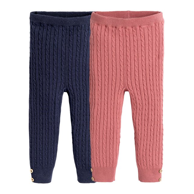 Pack of 2 leggings in cable knit cotton mix navy blue + pink La Redoute  Collections
