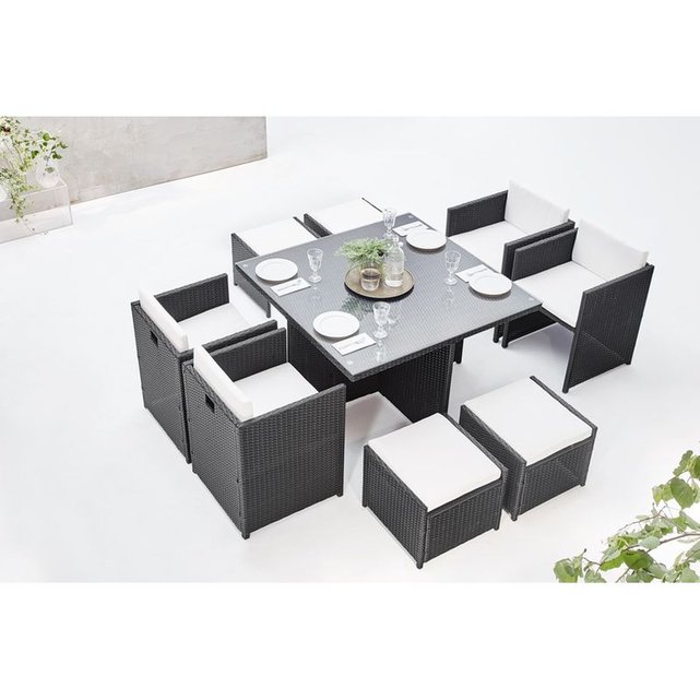 Salon De Jardin Encastrable 8 Places En Resine Tressee Family Noir