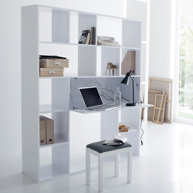 Bureau blanc et bois avec étagère séparatrice pour bureau