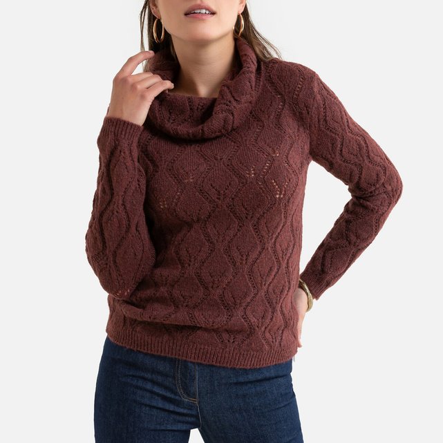 Pull col boule en maille pointelle Anne Weyburn marron ...