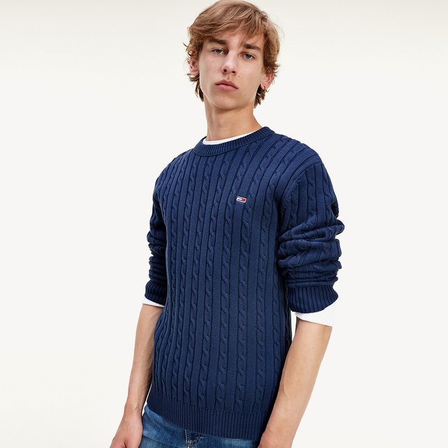 Essential cable knit jumper with crew-neck in organic cotton , navy ...