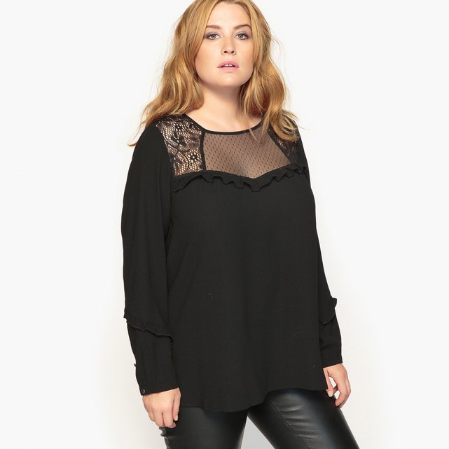 Blouse manches longues haut dentelle et plumetis Castaluna ...