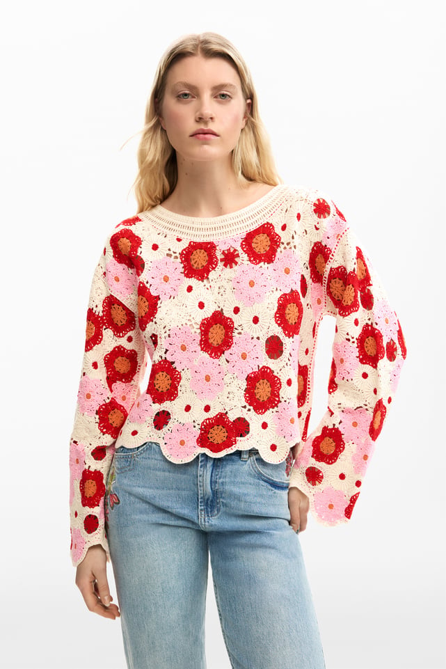 Pull Desigual Col Roulé Avec Fleur Et Franges - Taille XL - Neuf Sans étiquettes - Hiver Multicolore