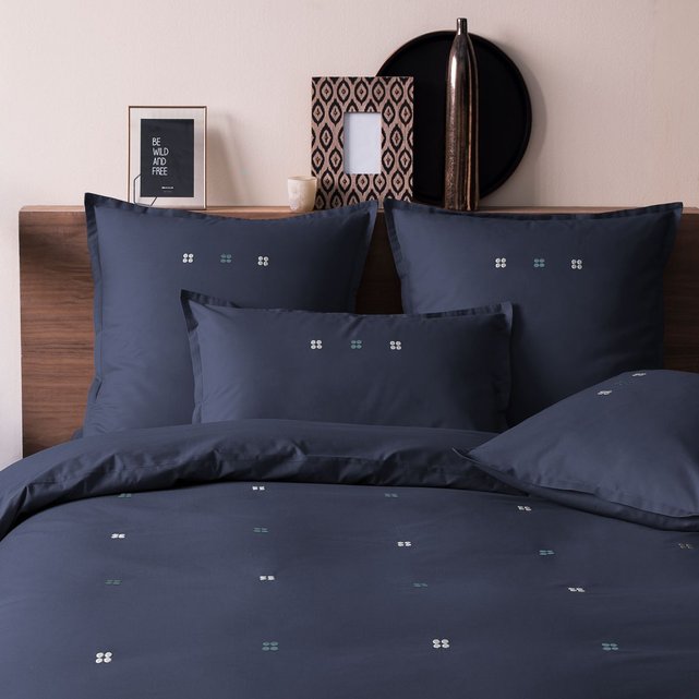 Housse De Couette Brodee 100 Coton Dragees Delices Bleu Nuit Matt Et Rose La Redoute