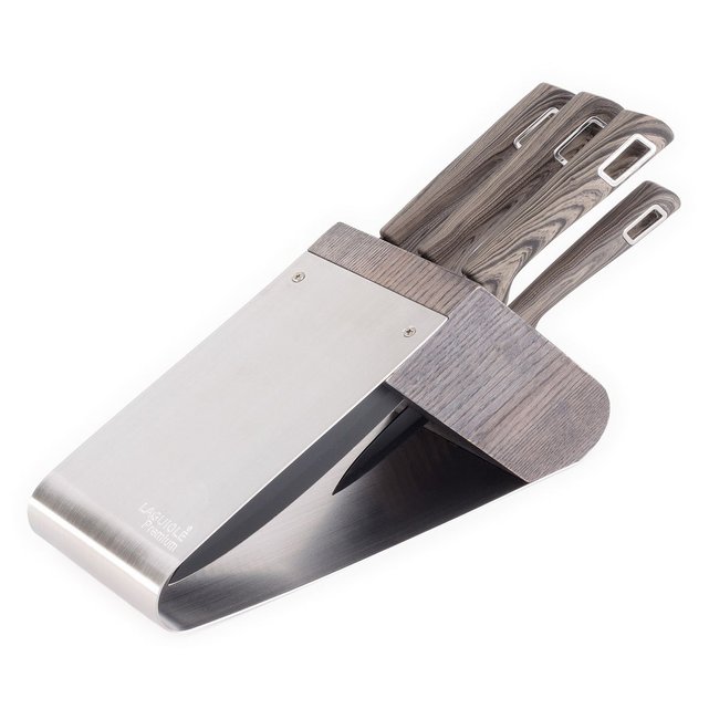 bloc 5 couteaux cuisine pickler noir manche en bois gris décoré