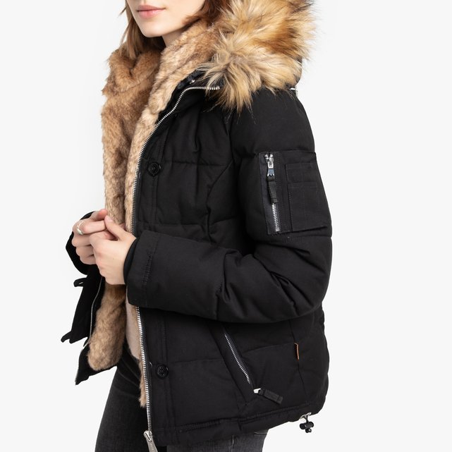 schott padded jacket with hood lining and faux fur collar