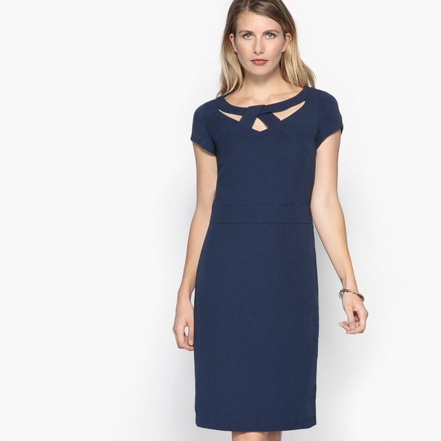 Robe droite, sergé stretch, manches courtes marine Anne ...