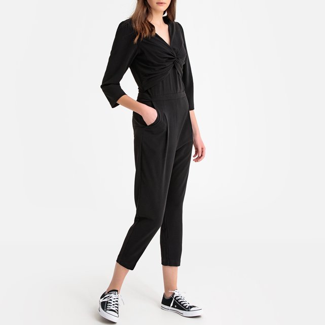 black v neck jumpsuit with sleeves