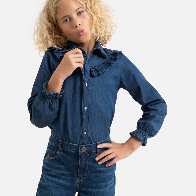 denim ruffle shirt