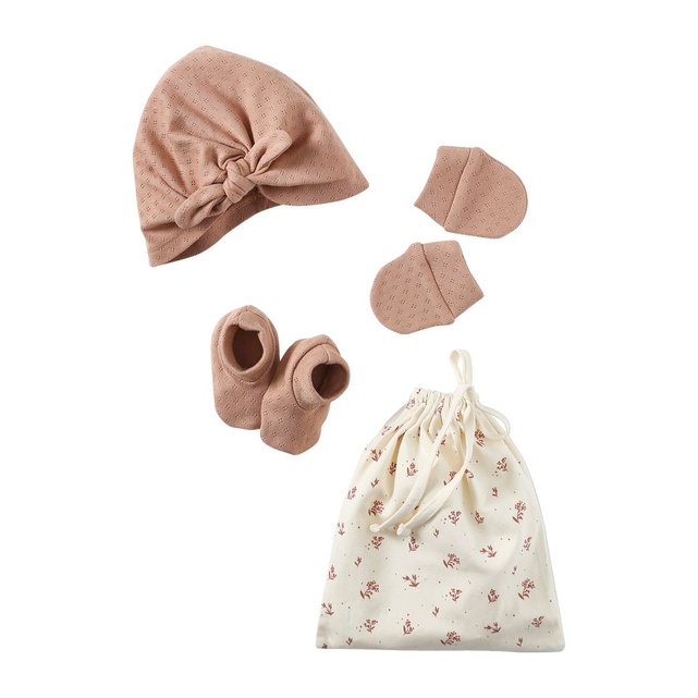 Ensemble bonnet + moufles + foulard + sac bébé fille en maille
