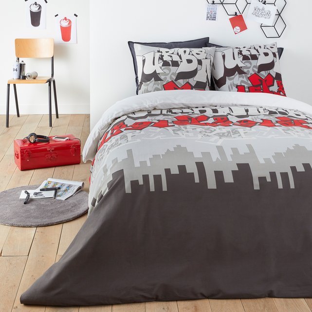 Urban Graph Printed Cotton Duvet Coiver Grey With Red White Print