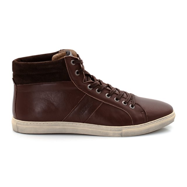 Canel Leather and Textile Lace-Up High Ankle Trainers Canel Leather and Textile Lace-Up High Ankle Trainers