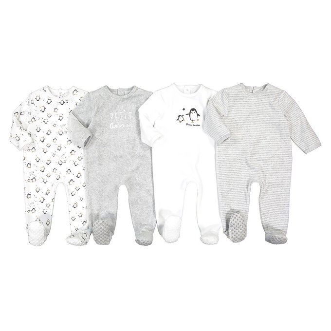 Pack Of 4 Sleepsuits In Velour Birth 3 Years Grey Marl White La Redoute Collections La Redoute