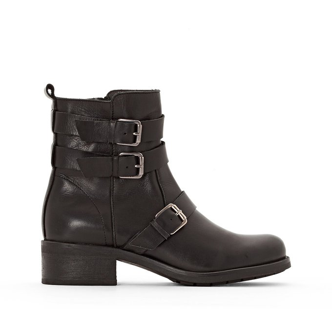 black triple strap buckle biker boot