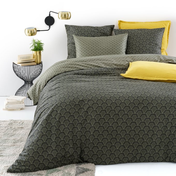 Jacob Geometric Print Cotton Satin Duvet Cover Grey Khaki La