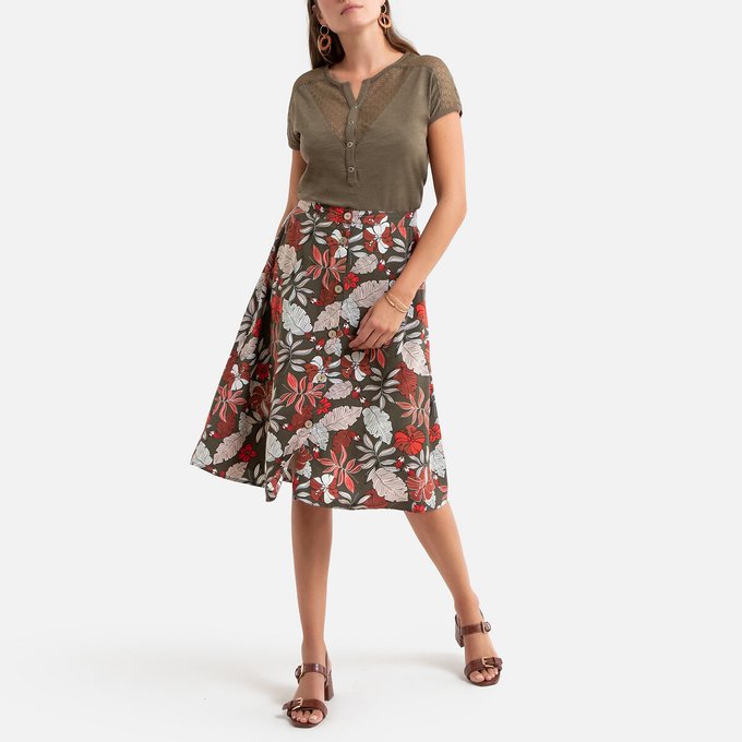 Mid Length Skirt In Floral Print Khaki Print Anne Weyburn La Redoute