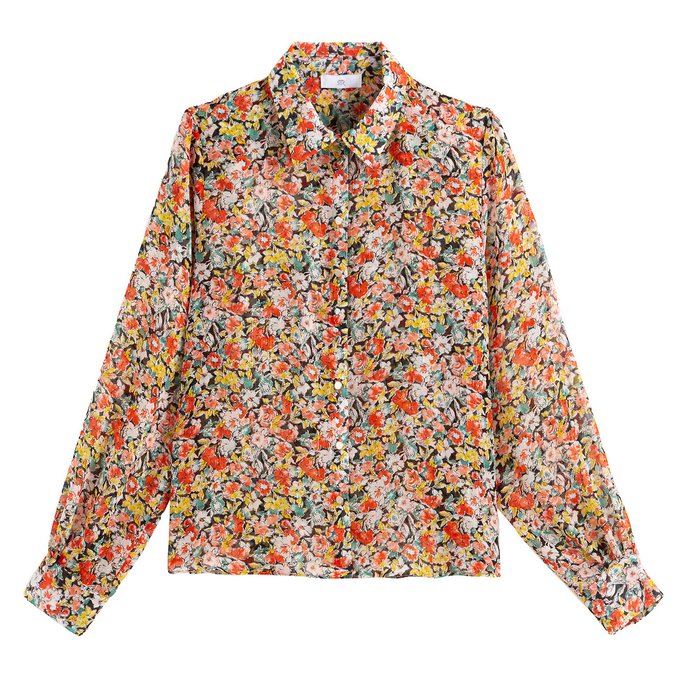 Camisa fluida, estampado floral, mangas compridas