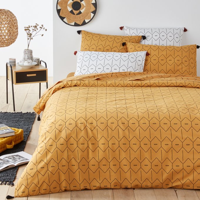 Mirni Printed Washed Cotton Duvet Cover With Tassels Ochre Black