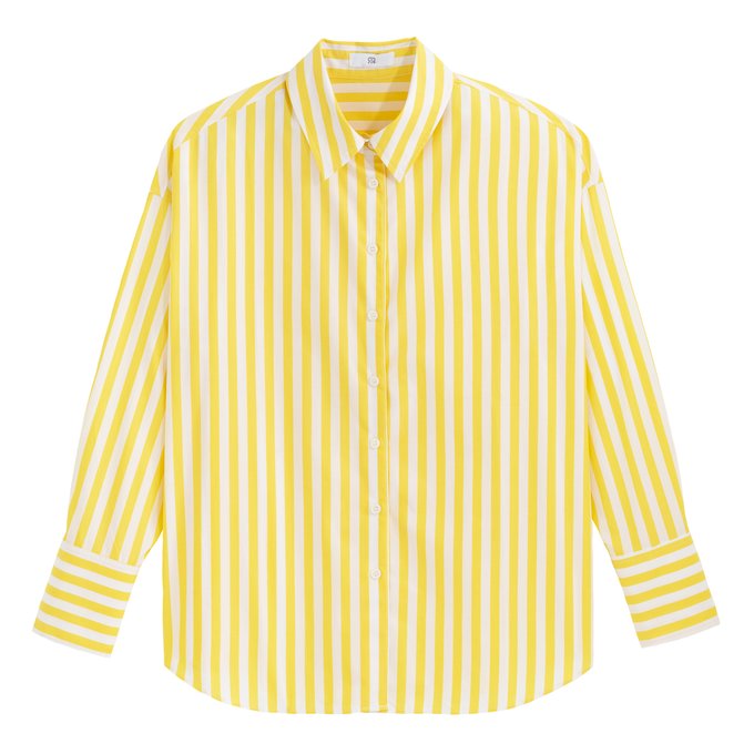 Camisa às riscas, corte largo, mangas compridas
