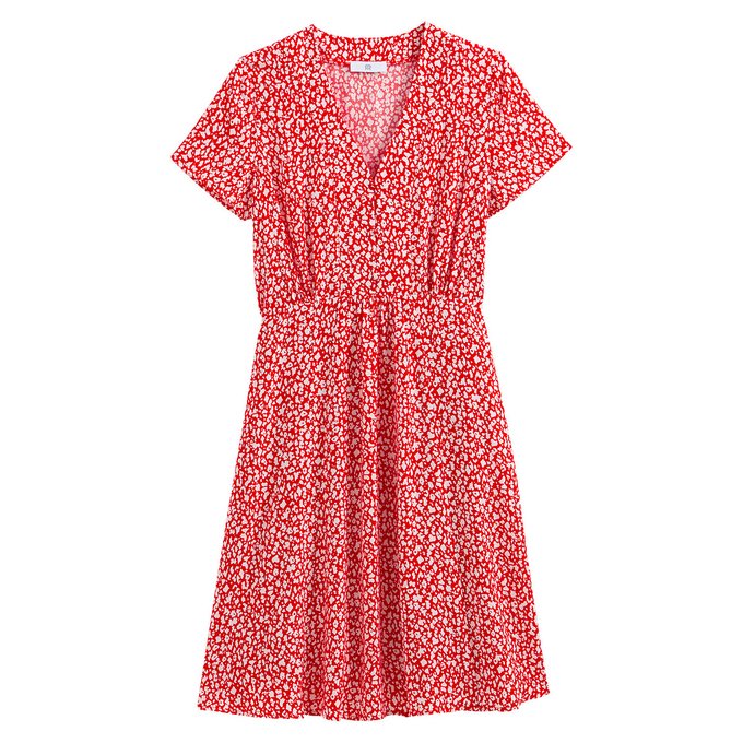 Vestido estampado com decote em V, mangas curtas