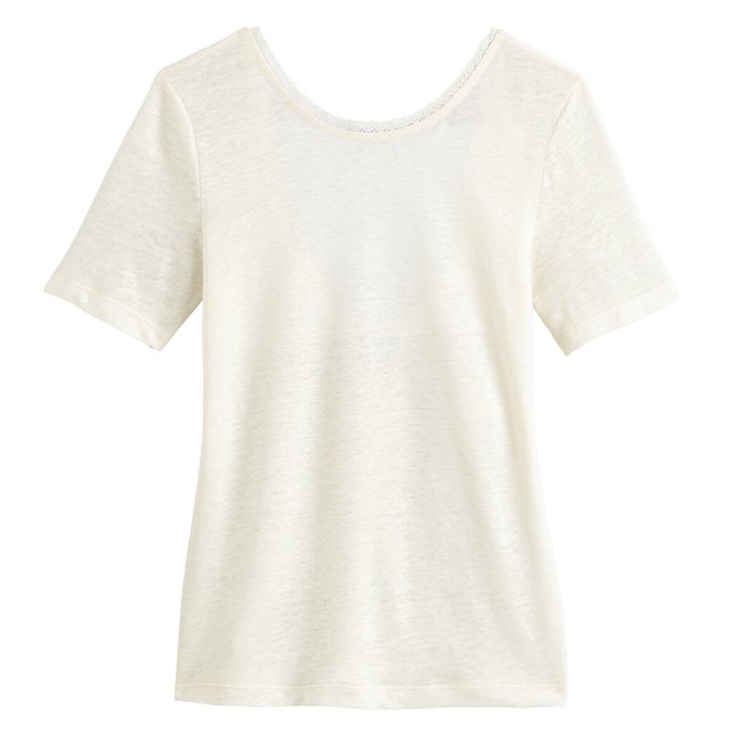 T-shirt com gola redonda em puro linho