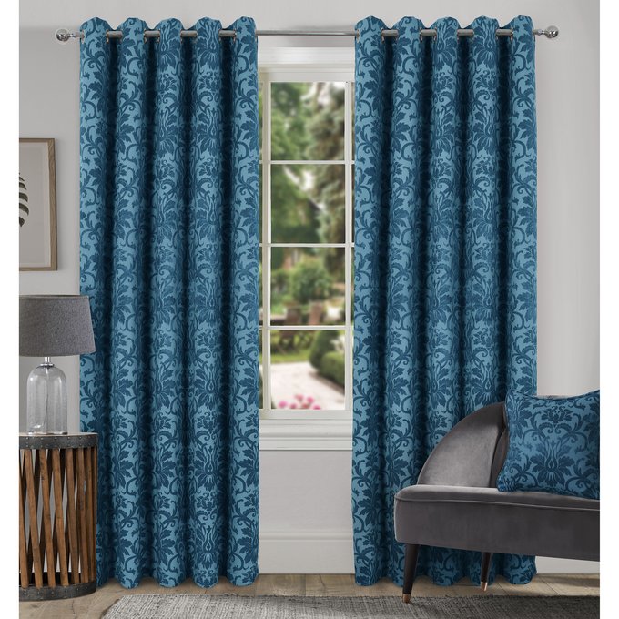 Denton Damask Blockout Eyelet Curtains Teal Blue Home
