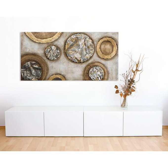 Tableau abstrait cercles peinture acrylique et éléments métal - tons  blancs, beiges, marrons, dorés et argentés 70x140cm beige et or Pier Import  | La Redoute