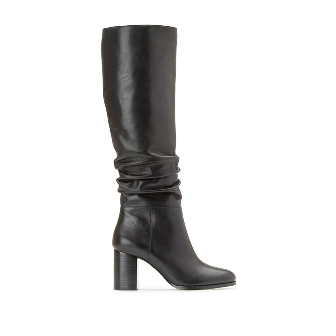 black leather slouch boots with heel